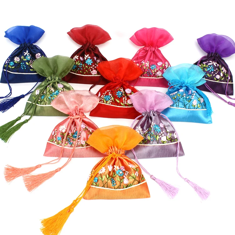 Organza Tassel Cloth Drawstring Bag Handmade Ribbon Embroidery Gift Bags Empty Sachet lavender Packaging Bags Storage Pouch