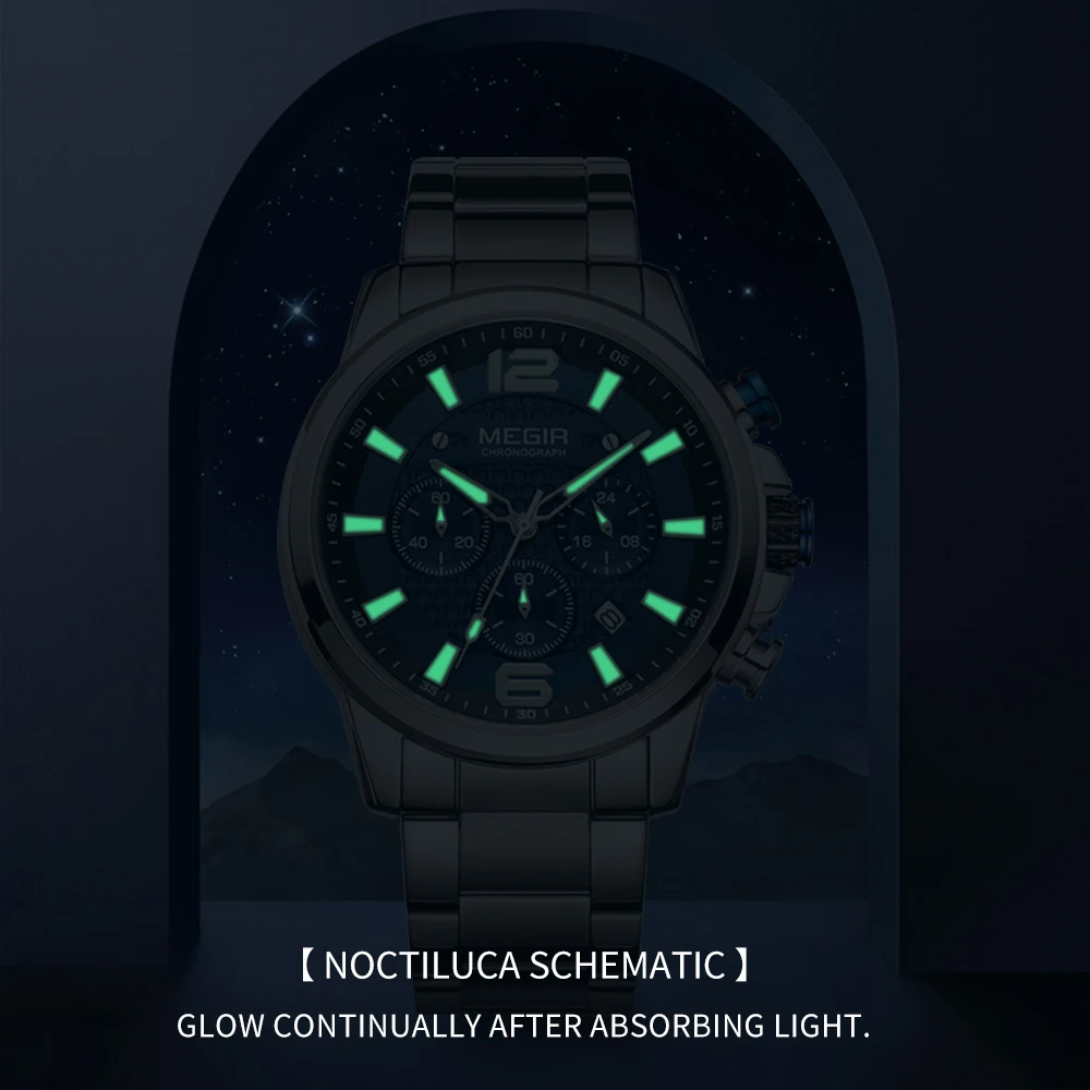 MEGIR Top Luxury Brand Watch Full Steel Mens Sport Quartz Wrist Watch Men Luminous Waterproof Chronograph Military Date Clock
