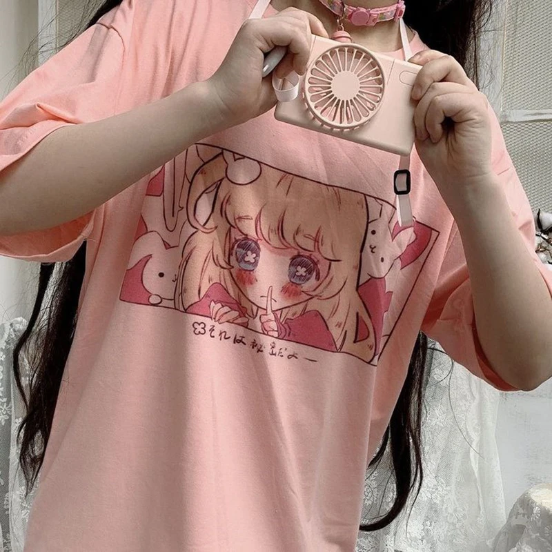 Cute Cartoon Sweet Girls Japanese Streetwear Harajuku Fun Pink Kawaii Casual Tops Ulzzang Vintage Loose New Summer Women T-Shirt