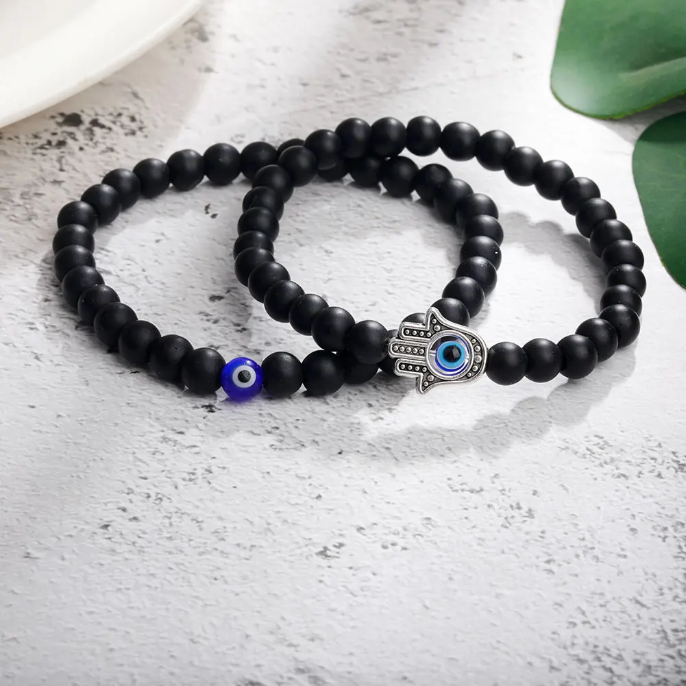6mm Natural Stone Beads Blue Eye Hand Charm Bracelet Set Handamde Hematite Evil Turkish Eye Bracelet For Women Men Jewelry