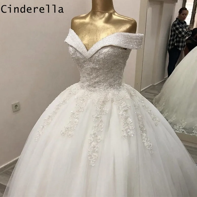 Cinderella Hand Working Crystal Beading Court Train Lace Applique Tulle Wedding Dresse With Lace Up Back vestido de noiva