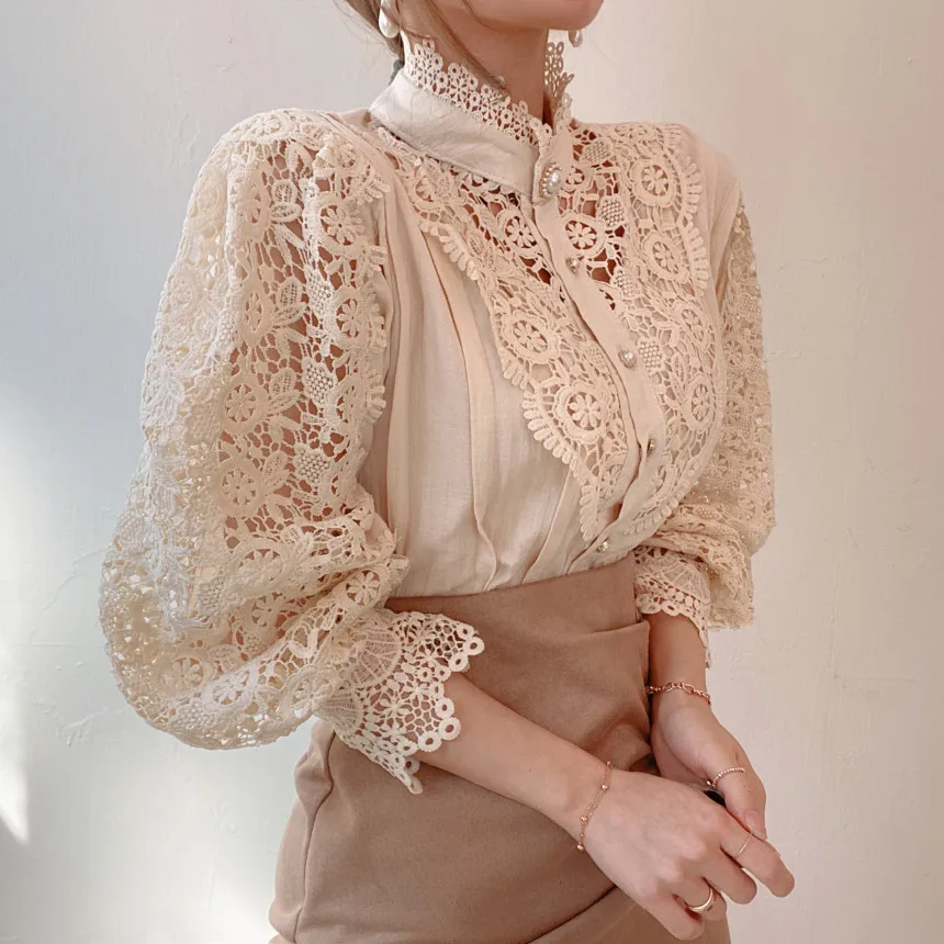 Victorian Vintage Palace Lace Blouse Shirts Women Party Button Loose Shirt Tops Female Hollow Blouses Office Lady Blusas Retro