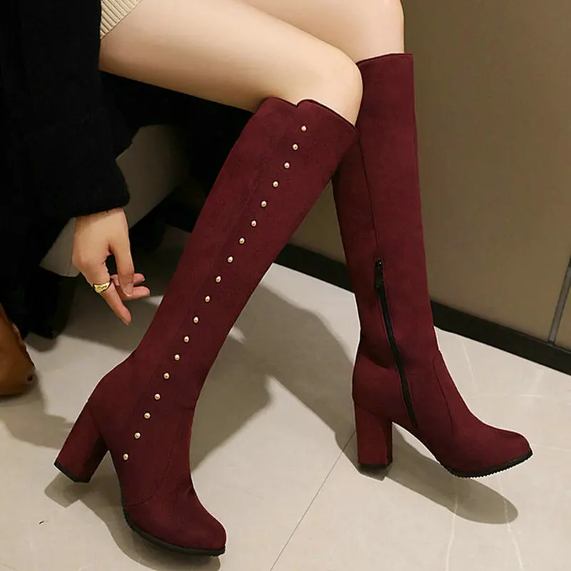 2020 Faux Suede Women Knee High Boots Square High Heel Ladies Boots Fashion Metal Decoration Zipper Women Shoes Back Blue