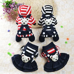 Pet Dog Wear Cat Clothes Cartoon Bear Striped Jumpsuit With Hoodie & Bear On The Back Party Striped Red Blue Pet Dress Supplies