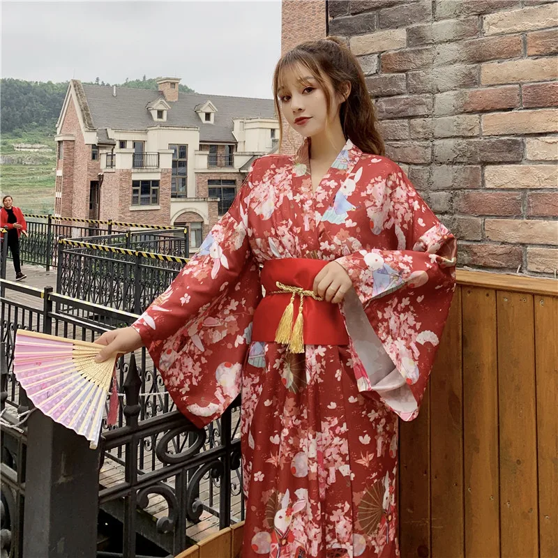 Japanese Kimono Cute Rabbit Improved Kimono Outfit for Women Traditional Style Robe Yukata Costumes Vintage Soft Dress Clothing