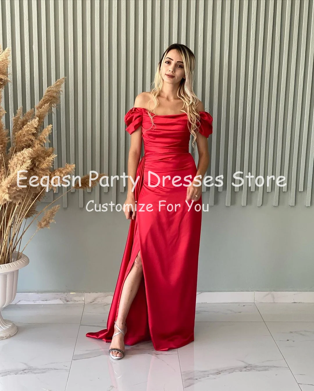 Eeqasn Purple Sheath Party Dresses For Bridemaid Off The Shoulder Sleeves Women Wedding Guest Dress Pleated Slit Prom Gowns