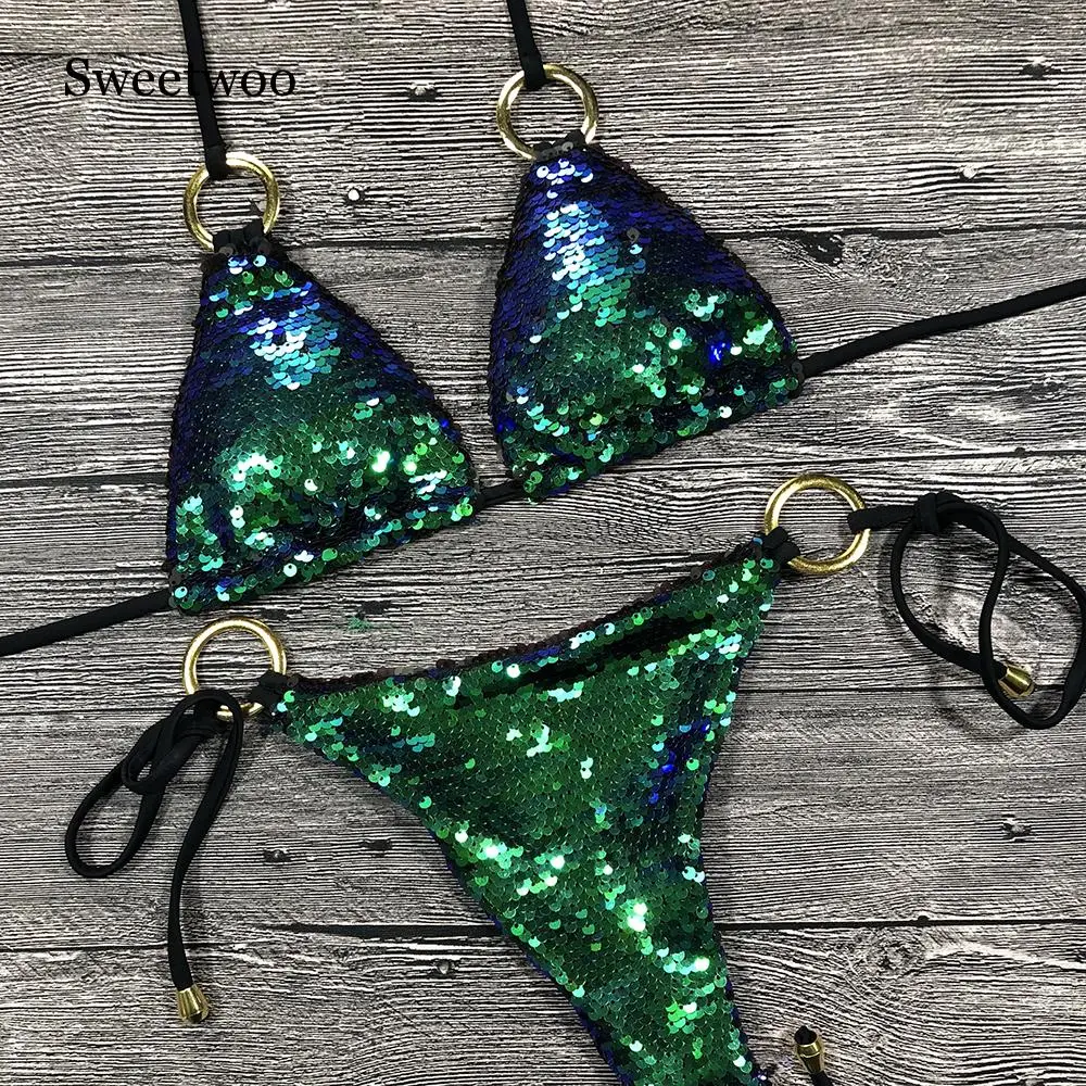 Solid Bikini Sexy Swimsuit Halter Swimwear Bathing Suit Women Bling Sequin Bikini Set Beach Wear Dropshipping Monokini Glitter