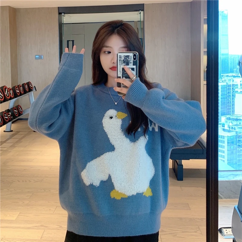 Knitted Sweater Women Fashion Casual Korean O Neck Long Sleeve Oversize Pullover Pull Plus Size Sweet Cartoon Goose Print Loose