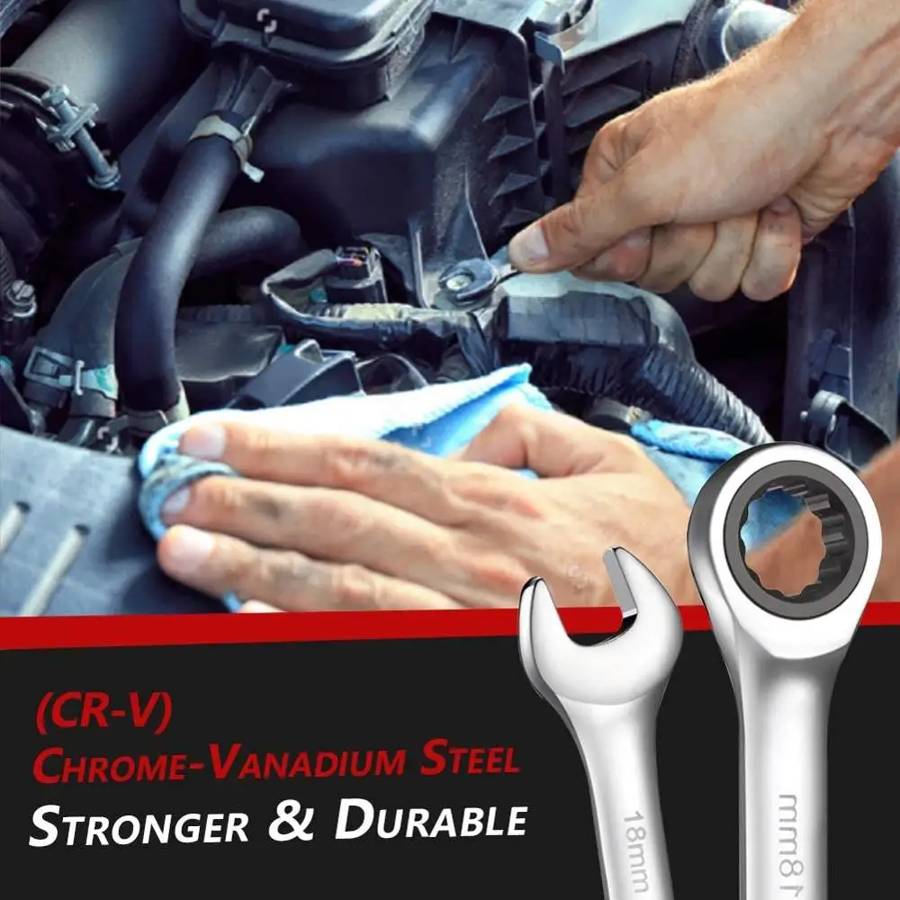 Ratchet Wrenches Chrome Vanadium Steel dengan Metrik 72 Gigi Box End Open End Standar Kunci Pas Set dengan Organizer Kotak tangan Alat