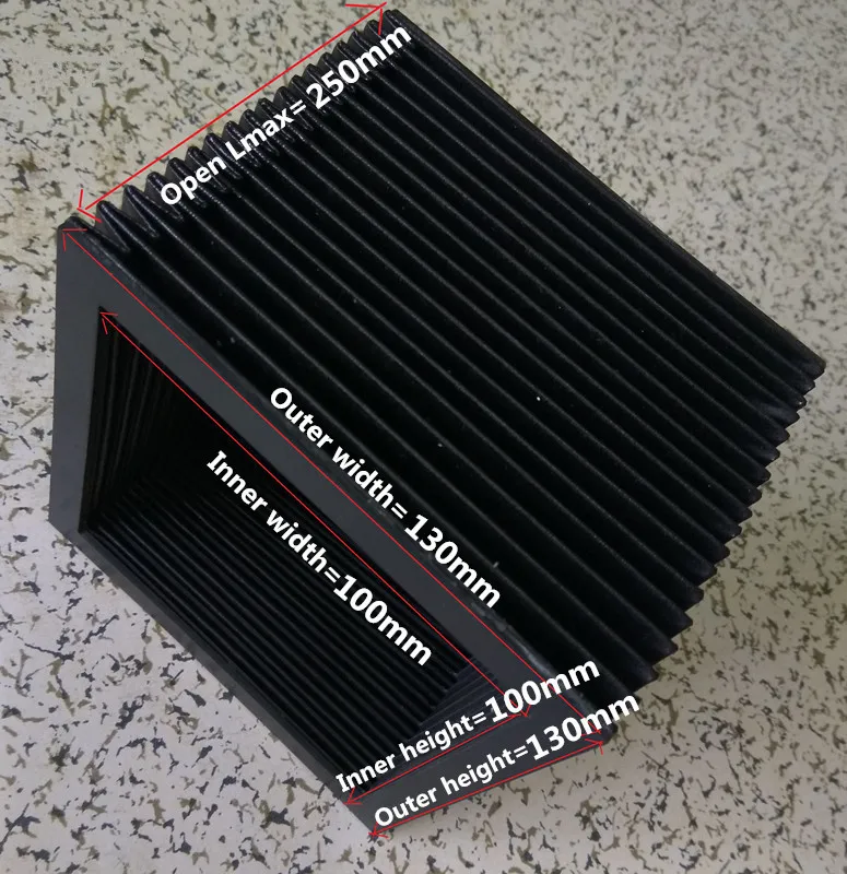 Square accordion protection bellow,inner:100mmx100mm,outer:130mmx130mm,Lmax:250mm