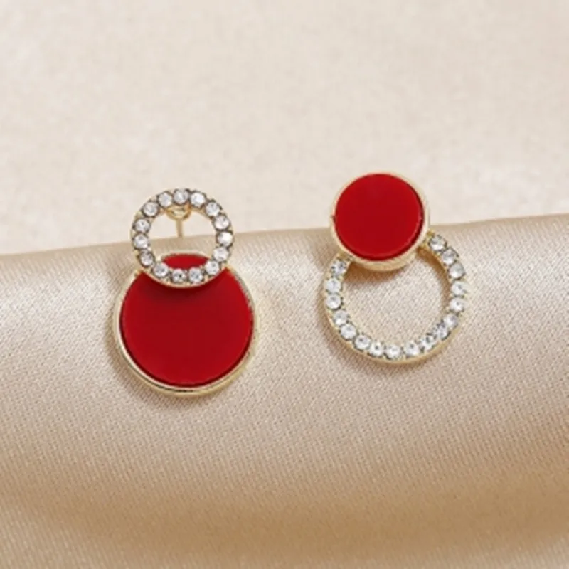 S925 Silver Needle Rhinestone Circle Small Simple Fashion All-match Red Cold Wind Beautiful Earrings Women's Jewelry Brincos