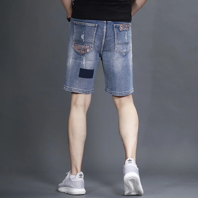 Mens Fashion Summer Hole Ripped Denim Shorts Slim Fit Patchwork Bermuda Man Casual Outside Jeans Knee Length Street Beach Shorts