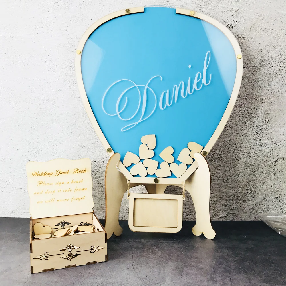 

Customize Wedding Hot Air Balloon Clouds guest book, wood Air Balloon Basket baby shower alternative Sign Drop box guest book