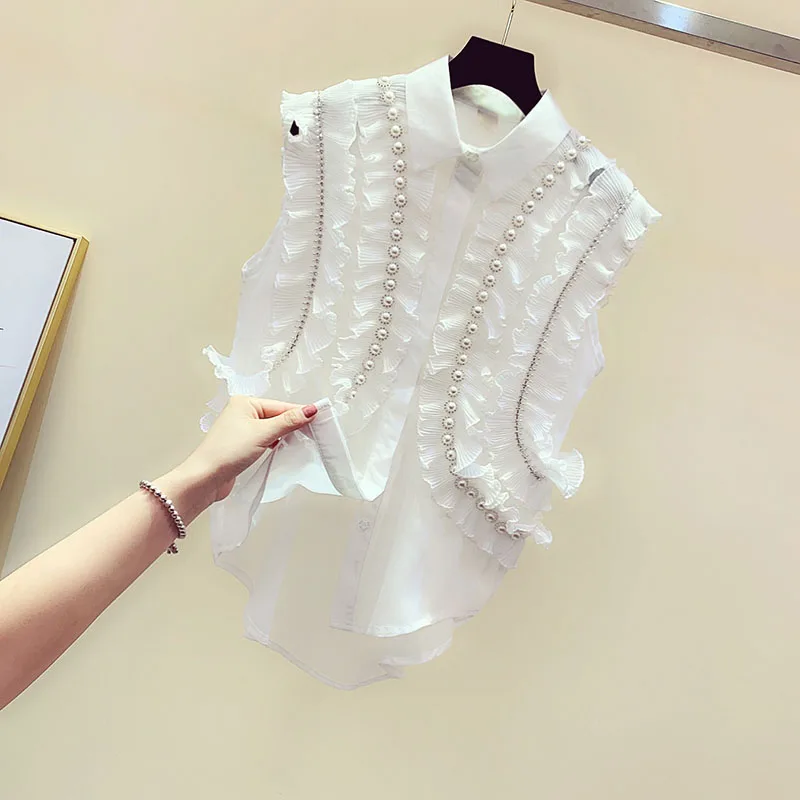 

2024 New Summer Shirt Fashion Casual Off Shoulder Ruffles Blouse Women Lapel Sleeveless Pearl Oversize Shirt Female Chiffon Top