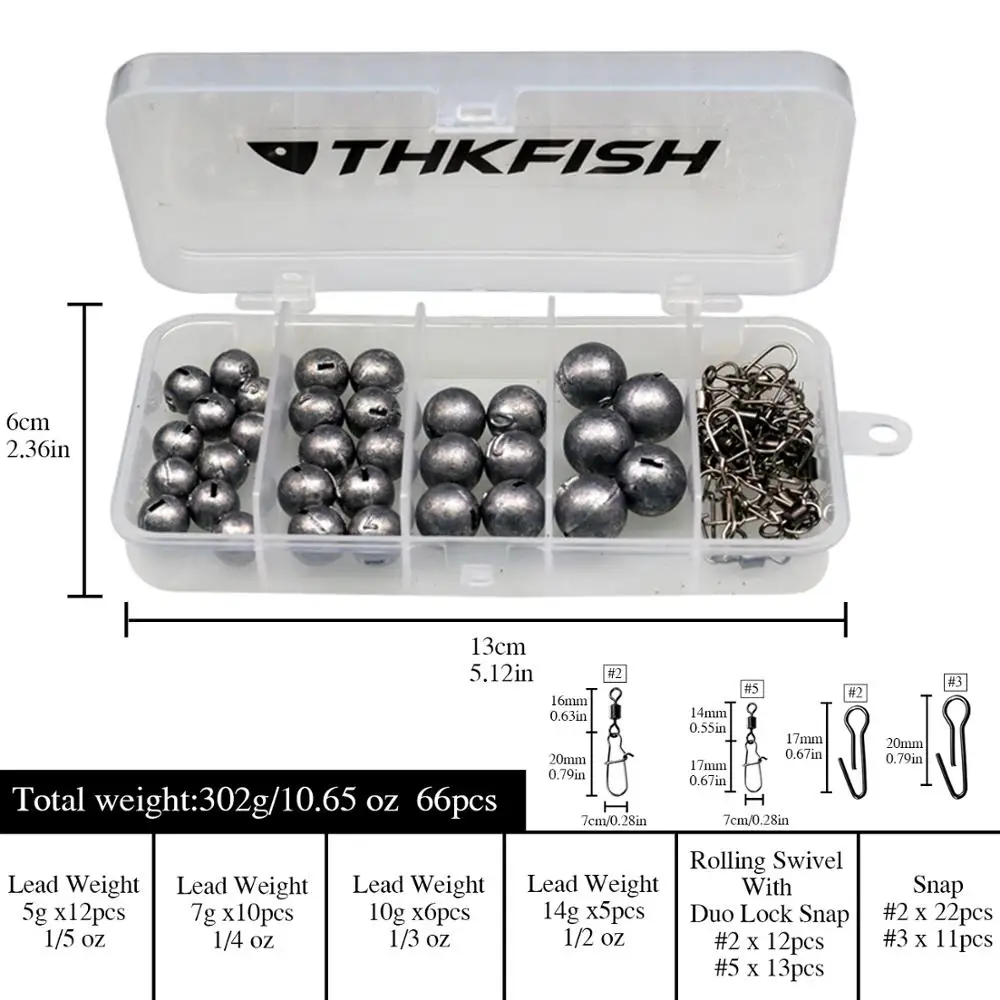 THKFISH Kit pemberat umpan pancing, 46pcs/66pcs 5g 7g 10g 14g 20g bentuk peluru Set pemberat umpan jatuh air tawar bobot