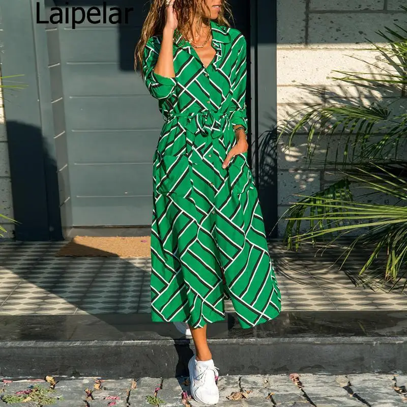 

2020 New Striped Lady Shirt Dress Long Sleeve Turn Down Collar Casual Dresses Pockets Bandage Elegant Midi Dress