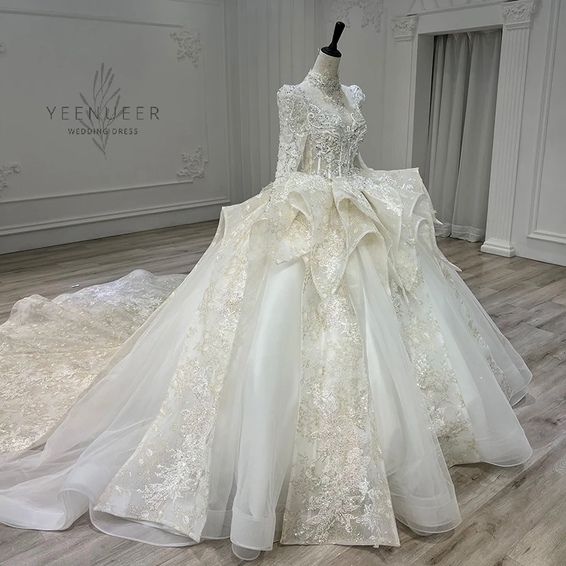 Yeenueer White Wedding Dress With Champagne Lace Full Beading Bridal Dress