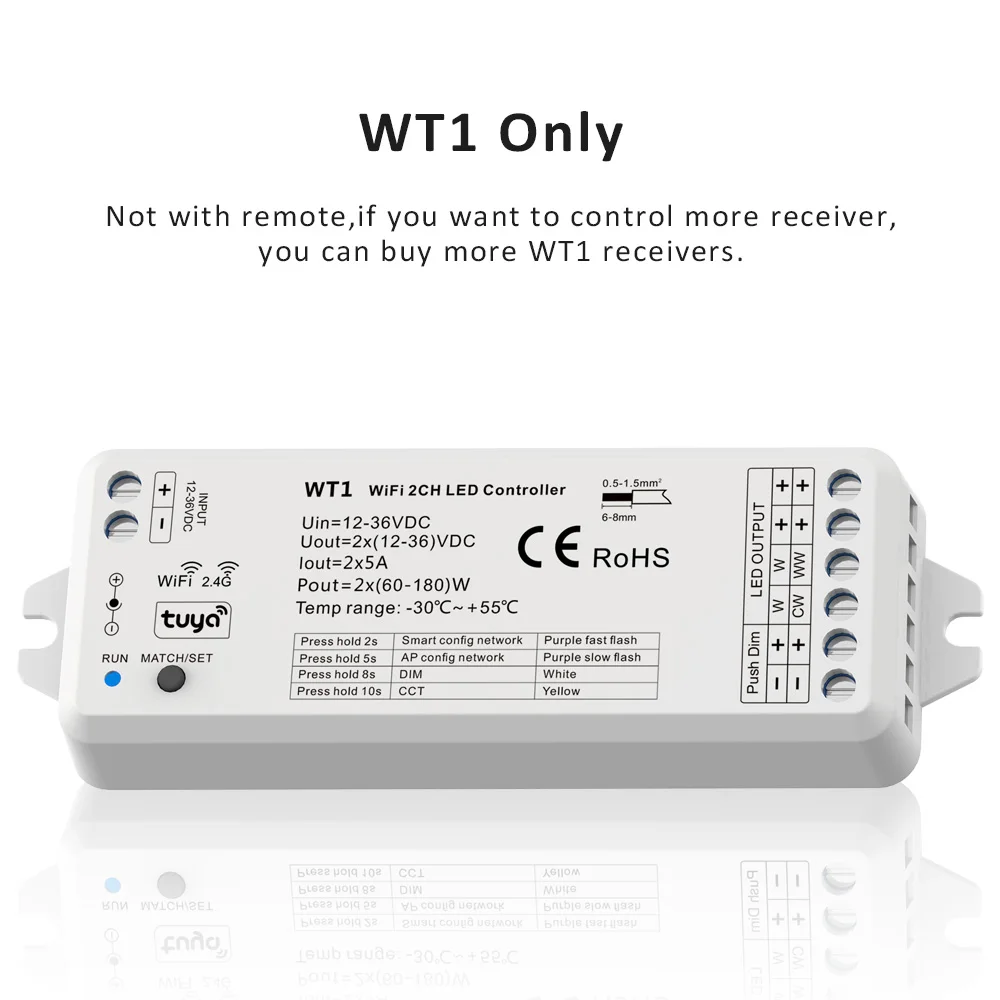 Tuya cct led streifen dimmer schalter 12v dc drahtlos 2,4g rf ww cw controller arbeiten mit smart life google assistant 2 kanal wt1