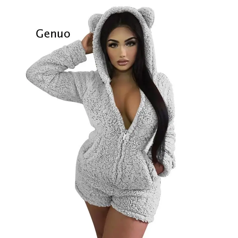 Warm Thick Fleece Playsuit Women Sexy Velvet Cat Suit Home Casual Bodysuit Fitness Teddy Romper Zipper Front Active Wear