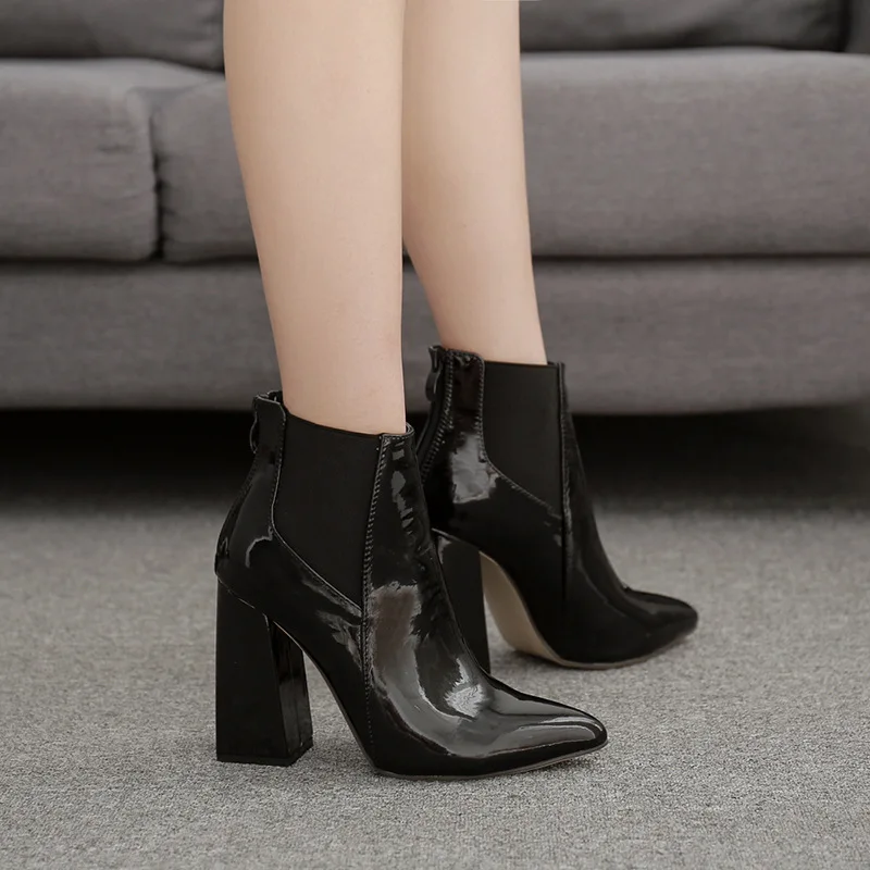 Thick High Heels Women Ankle Boots Square Toe Zip Footwear PU Patent Leather Female Boot Shoes Woman  New Black 2021