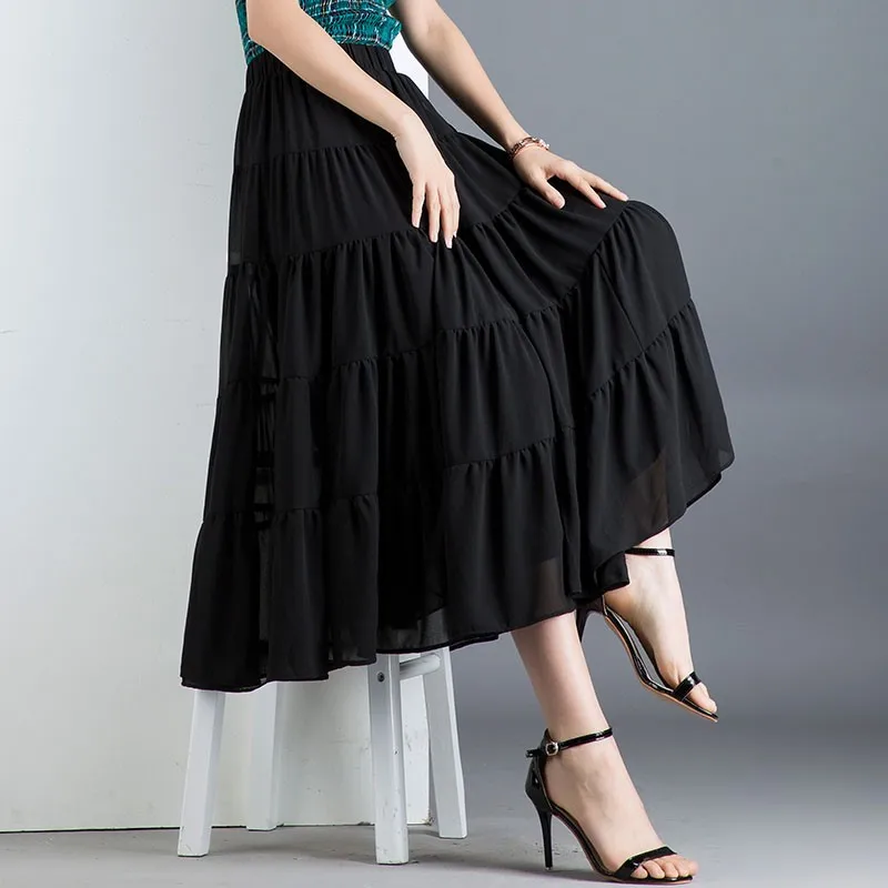 2024 Fashion Women Chiffon A-line Long Skirt High Waist Ruffled Elegant Skirt Female Casual Loose Clothes jupe femme longue chic