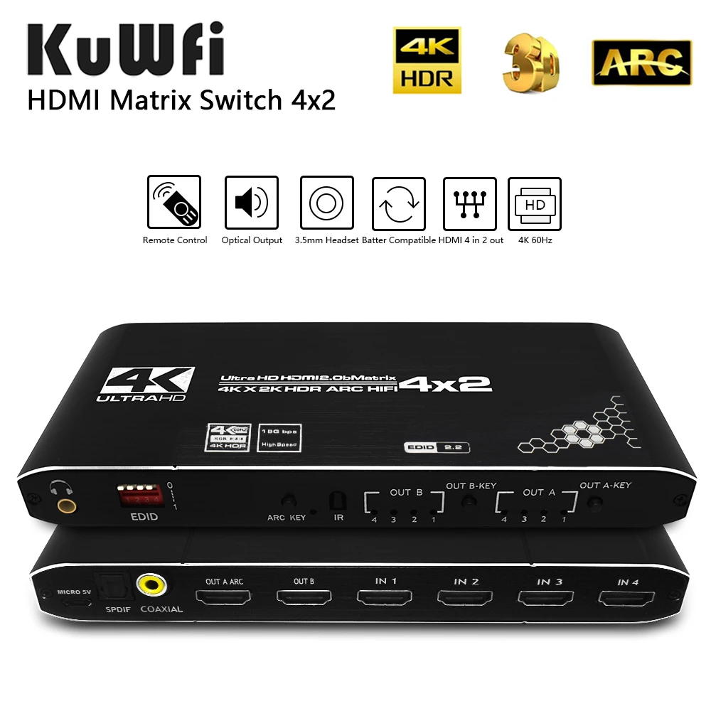 KuWFi HDMI 2.0 matryca 4x2 4K6 0Hz przełącznik Splitter HDCP2.2 EDID 4K x 2K HDR ARC HIFI HDMI przełącznik SPDIF COAX 3.5mm Stereo Audio