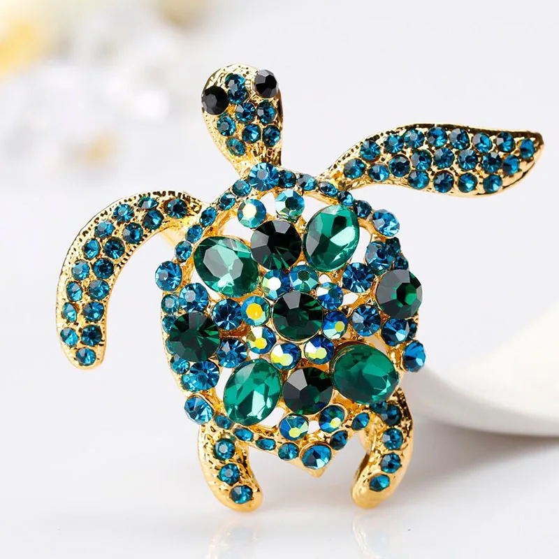 Wuli&baby Green Crystal Sea Turtle Brooch Pins Fashion Jewelry Accessory