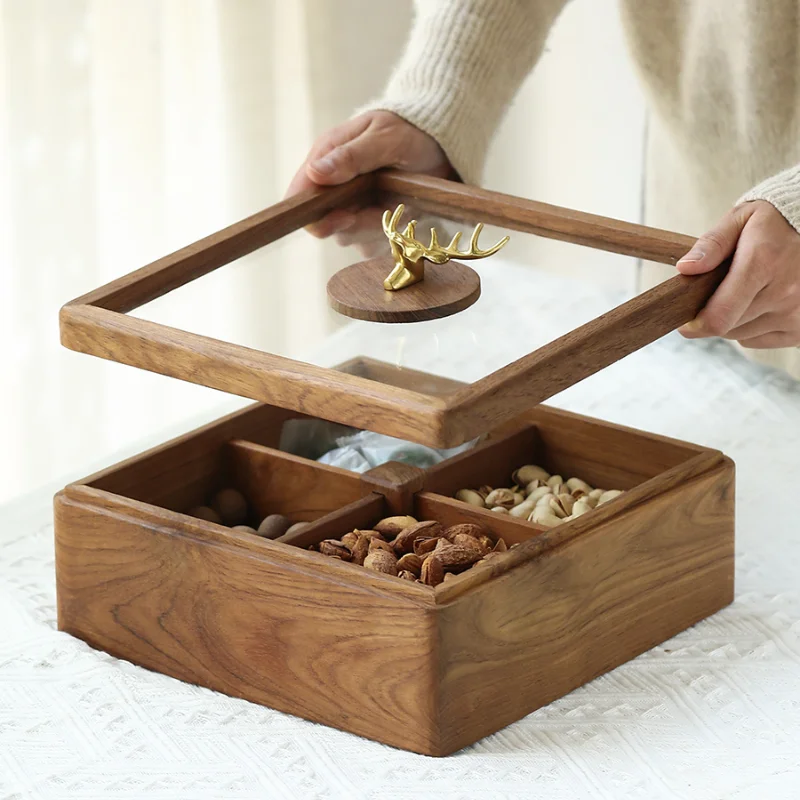 Chinese Solid Wood Dried Fruit Box Candy Box Living Room Home Compartment with Lid Dried Fruit Tray Tea Table