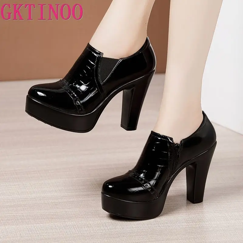 

GKTINOO Block Heel Deep Mouth Platform Pumps Patent Leather Women Shoes 2024 High Heels Shoes Ladies Office Party Shoe Plus Size