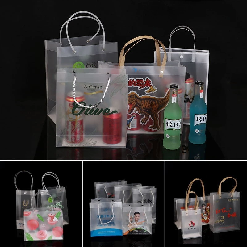 10/30pcs Custom PVC Transparent Gift Bag with Handles Clear Tote PP Frosted Plastic Shopping Tote Bag Clothing Drinks Packaging