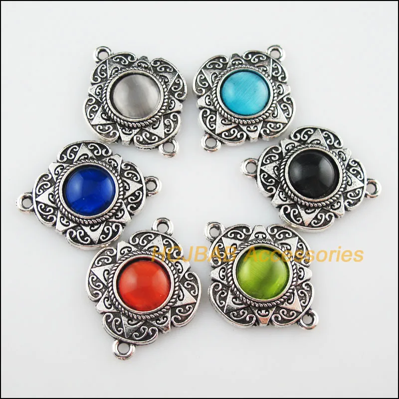 

6 Flower CatEye Stone Connectors Mixed Charms Tibetan Silver Pendants 23.5x30mm