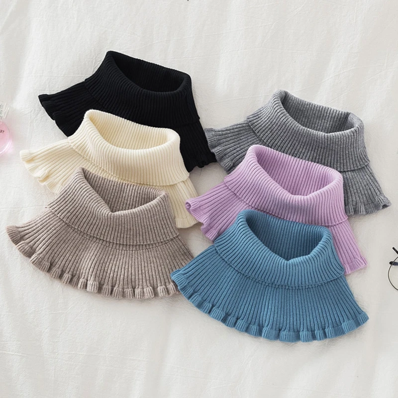 

Ladies Turtleneck Ribbed Knitted False Fake Collar Winter Windproof Dickey Solid Color Ruffles Detachable Scarf Wrap