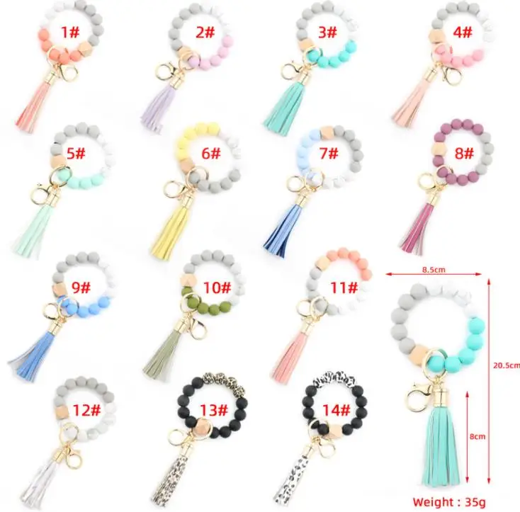 Fashion Silicone Bead Bracelets Beech Tassel Key Chain Pendant Leather Bracelet Women's Jewelry 14 Style SN3683