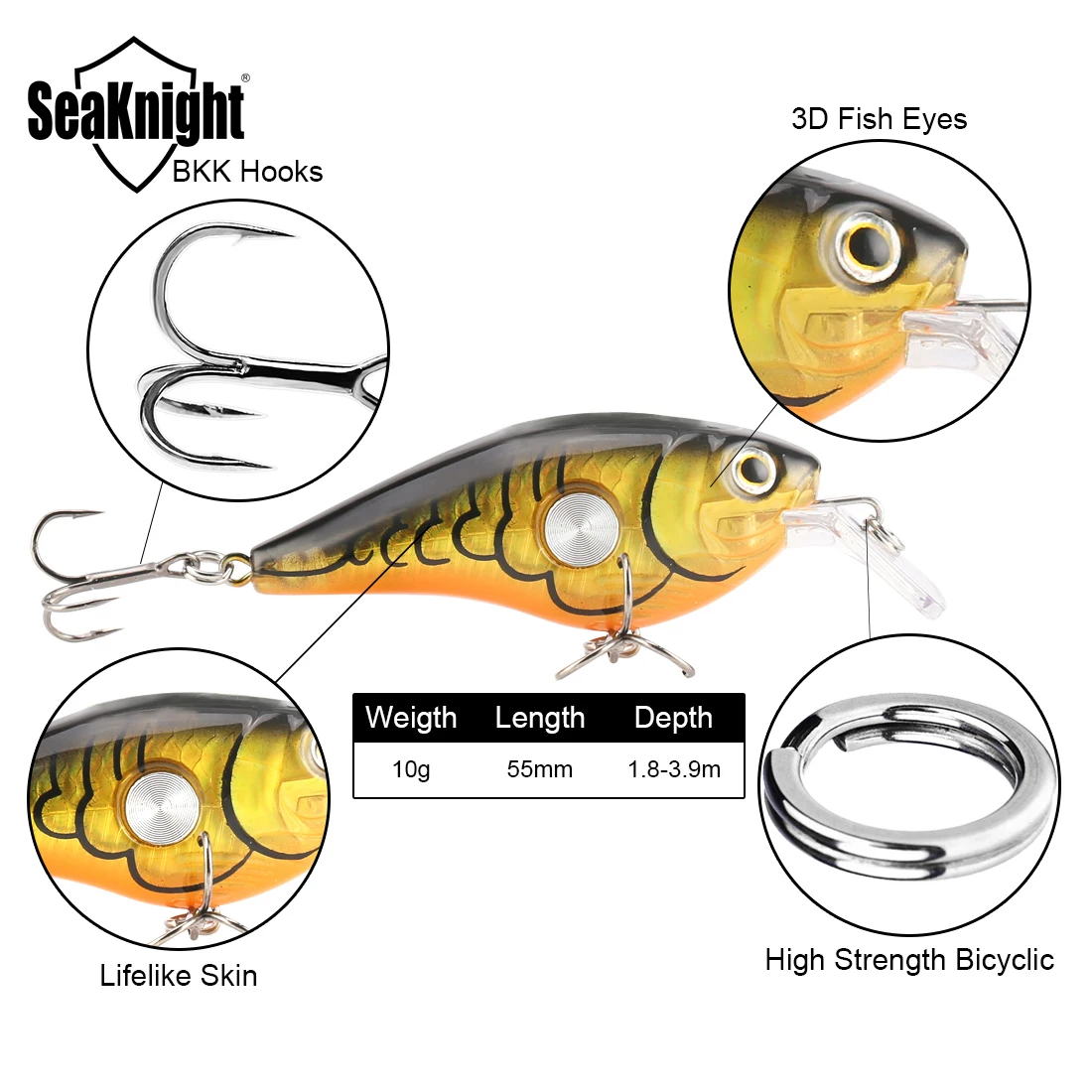 SeaKnight-señuelo de pesca SK003 Crankbait, 1 unidad, 10g, 55mm, 1,8-3,9 M, flotante, Wobbler, cebo de manivela de buceo profundo, duro, agua salada