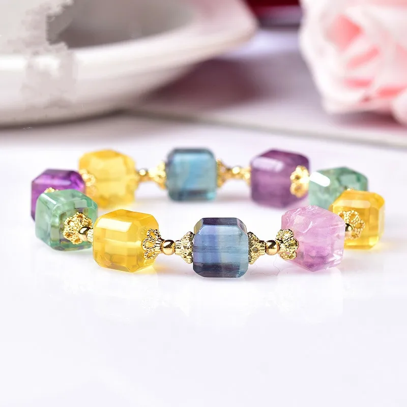 Natural Colorful Fluorite Clear Cube Beads Bracelet 10x10mm Fluorite Women Men AAAAA