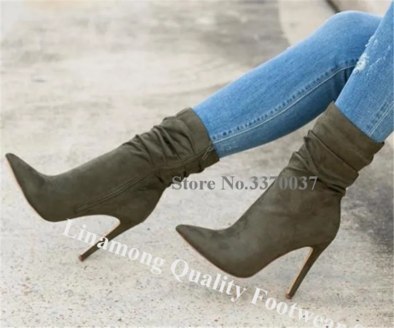 Linamong Women Elegant Pointed Toe Stiletto Heel Short Boots Army Green Grey Suede Leather High Heel Ankle Booties Dress Heels