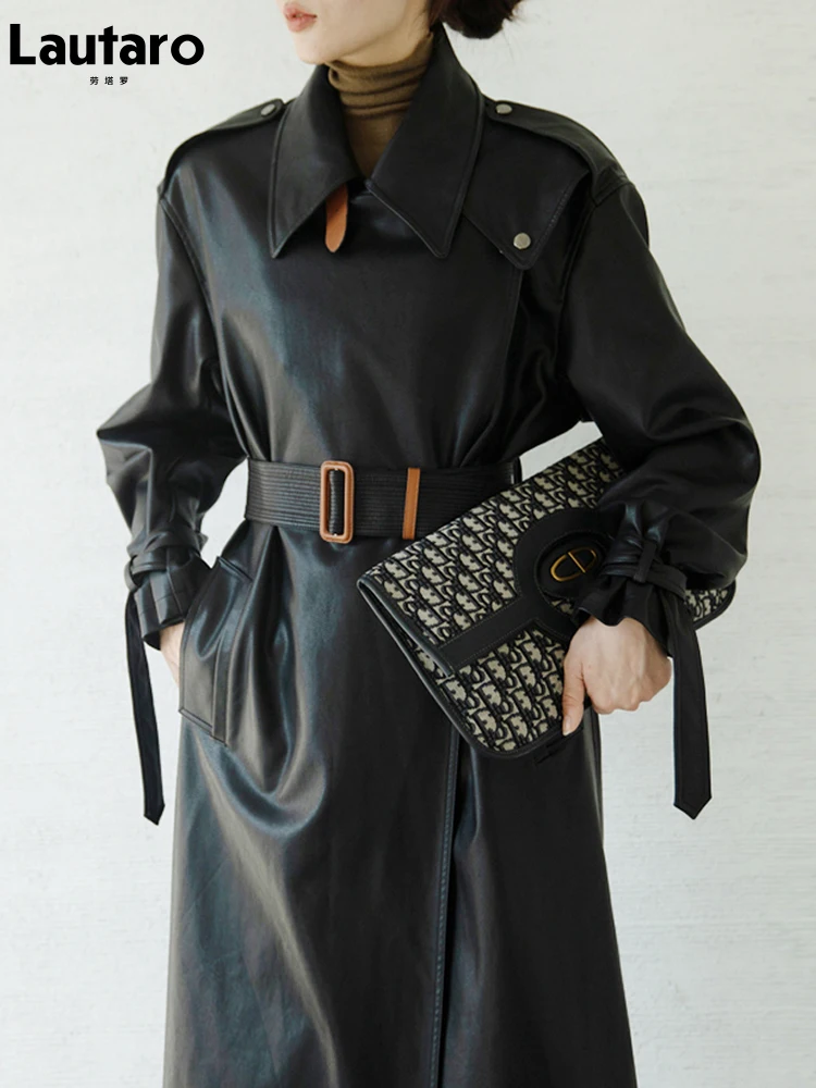 Lautaro-Manteau Long en Cuir Noir pour Femme, Respiré, Cool, Ceinture, Manches sulf, Mode Européenne, Printemps, Automne, 2021, 2022