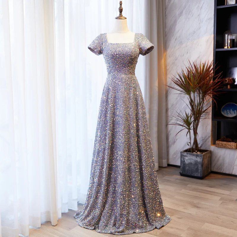 

Sequins Square Collar Evening Dress Short Sleeves Luxurious A-Line Backless Pleat Floor-Length Party Formal Dresses Woman B1149