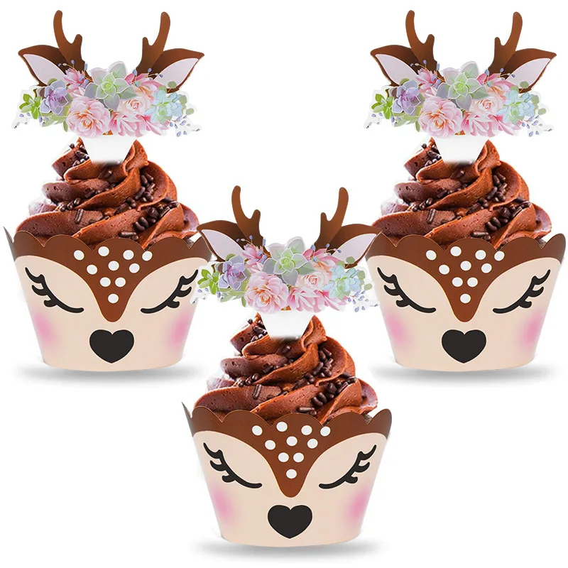 12/24 stücke Cartoon Sika Deer Cupcake Wrapper Geweih Papier Kuchen Topper Frohe Weihnachten Weihnachten Neue Jahr Geburtstag Party Dekoration – Detail 10