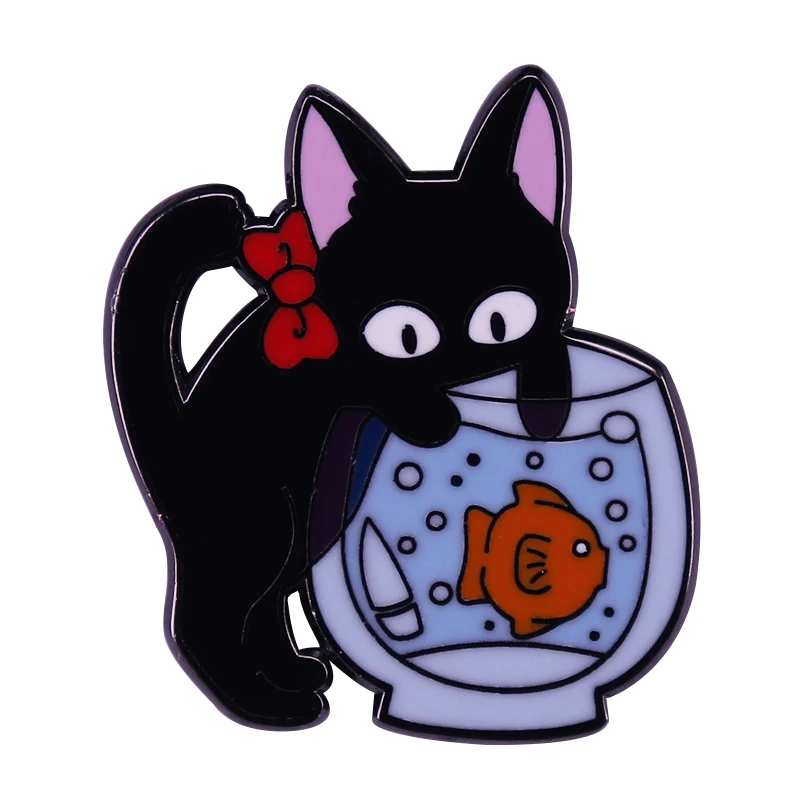 Black Cat Jiji Enamel Pin Funny Kitty Playing with Fish Badge Anime KKdelivery Brooch Jewelry