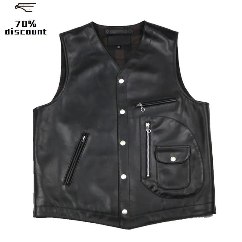 

2020 Black Men Slim Fit Biker's Leather Vest Plus Size XXXL Genuine Cowhide Spring Short Motorcycle Leather Vest FREE SHIPPING