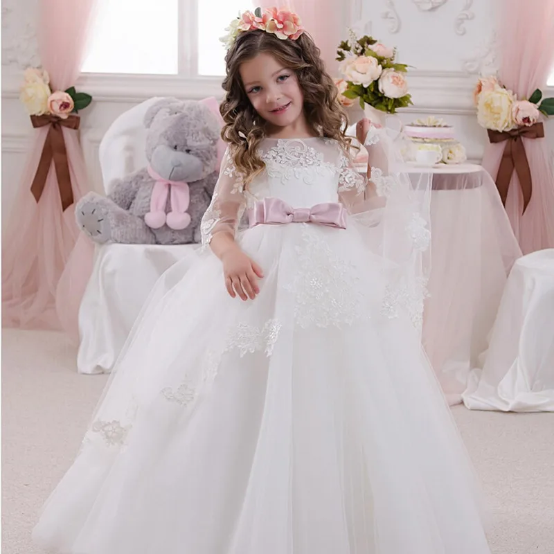 

White Flower Girl Dresses for Weddings Banquet Dress Girl Beaded Birthday First Communion Dresses Petals Long Sleeves Ball Gown