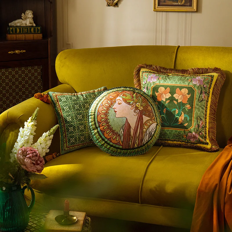 Square Decorative Cushion Covers for Sofa Couch, Throw Pillow Cases, Dark Green Art, Alphonse Maria Mucha, 18x18 Inches