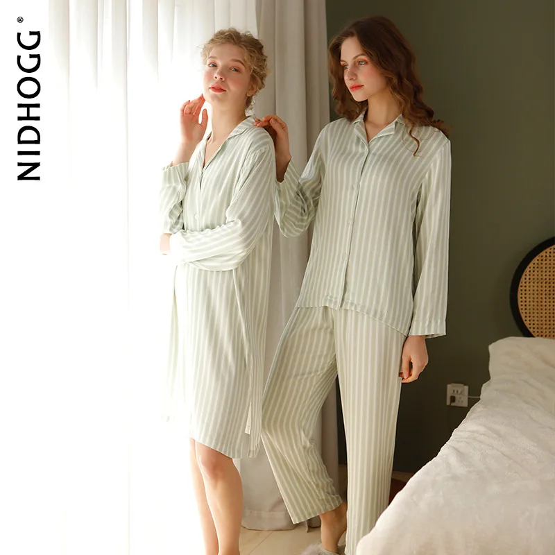 Spring 2021 Satin Long Sleeve Pajamas Green Striped Viscose Sleepwear Lapel Satin Loungewear Two Piece Pijamas Set Home Clothes