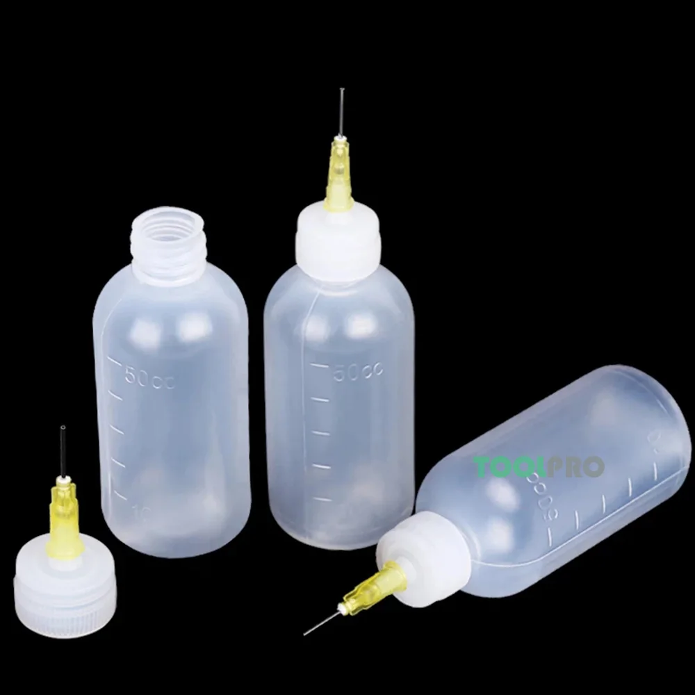 10pcs/lot 50ml Transparent Empty Plastic Needle Dispensing Bottle For Rosin Solder Flux Paste With Needles Tools Accessories