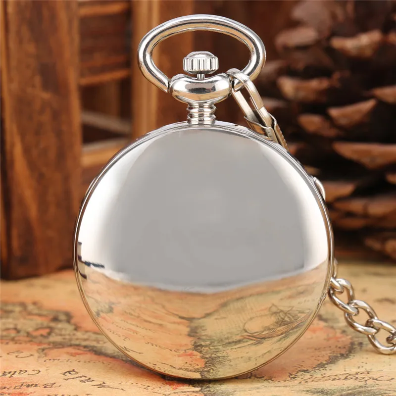 Silver Unisex Hand-winding Mechanical Pocket Watch Skeleton Smooth Case Roman Numbers Display for Men Women Pendant Chain Gift