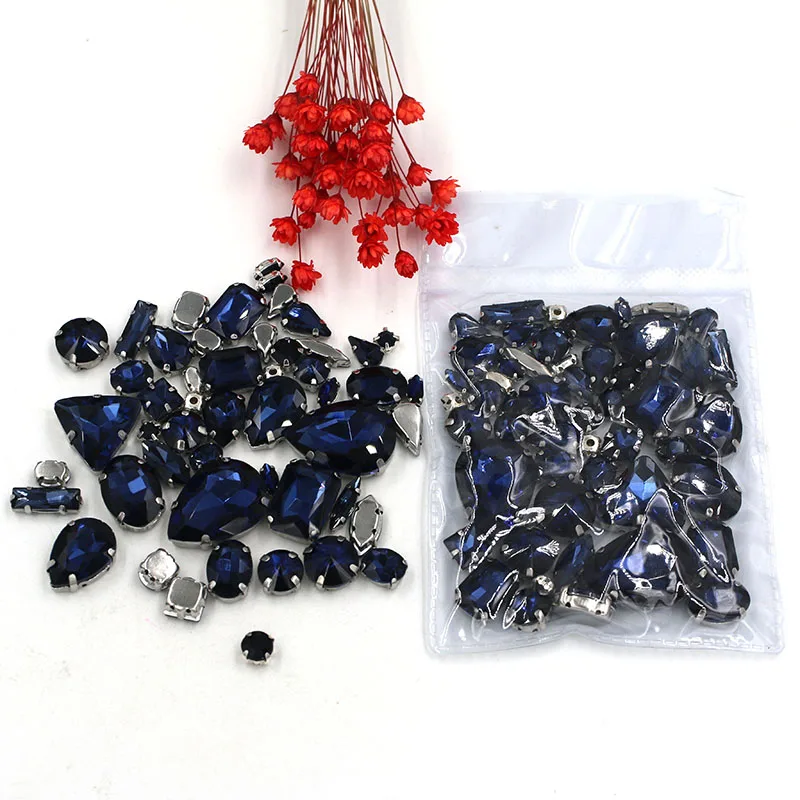 New arrive 50pcs/bag high quality mixed shape Ink blue glass crystal sew on rhinestones with claw diy clothing accessories