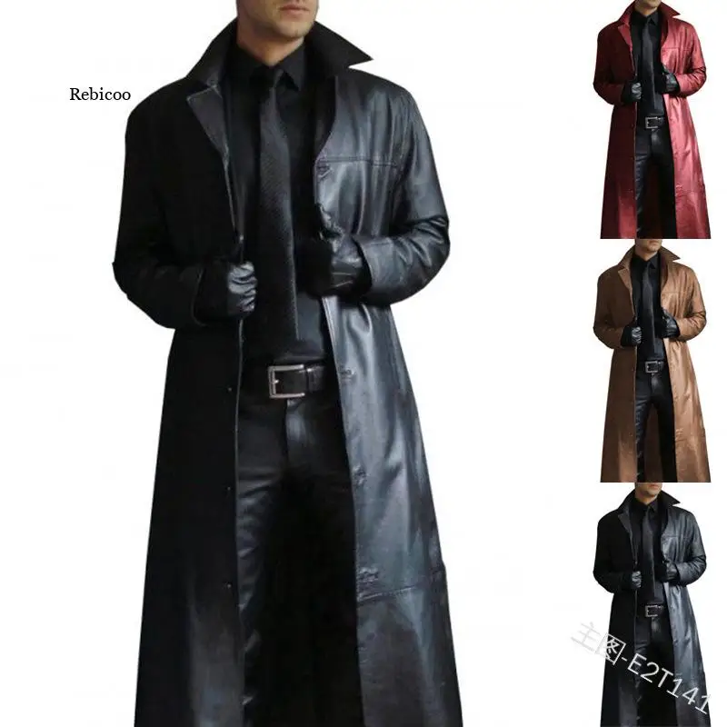 Fashion Men Medieval Steampunk Long Leather Jackets Vintage Autumn Winter Outerwear Faux Leather Trench Coat Cardigans