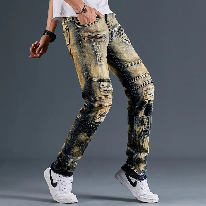 

Patchwork Vintage Elastic Denim Pants Men Personality Ripped Motorcycle Jeans Slim Fit Distressed Pencil Pants Large Size 28-38