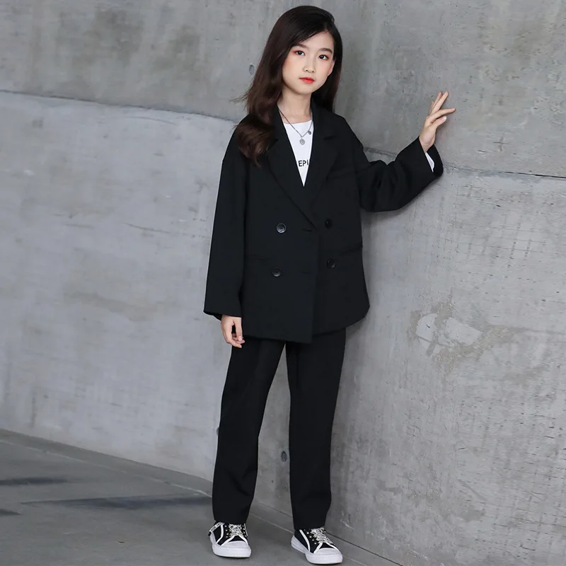 Girls\' Suit Jacket Pants 2-Piece Suit Autumn New Korean All-Match Blazer Suit Children\'S Black Long-Sleeved Trousers Suit LC794